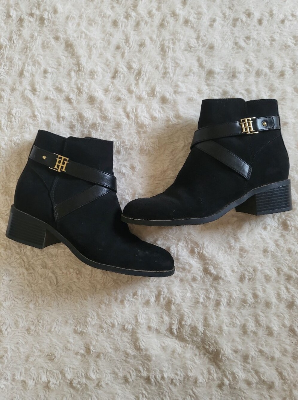 Tommy Hilfiger Black Suede Ankle Booties with Gold HH Accent
